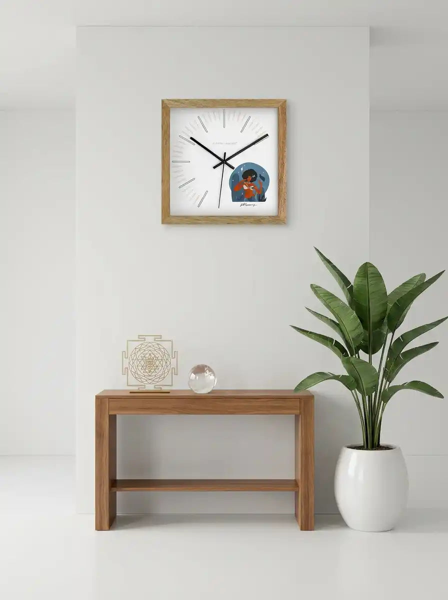 Pisces Zodiac Large Wooden Wall Clock – 3D View Natural Oak Frame Illustrated Figure Dial | Spaces Unhooked