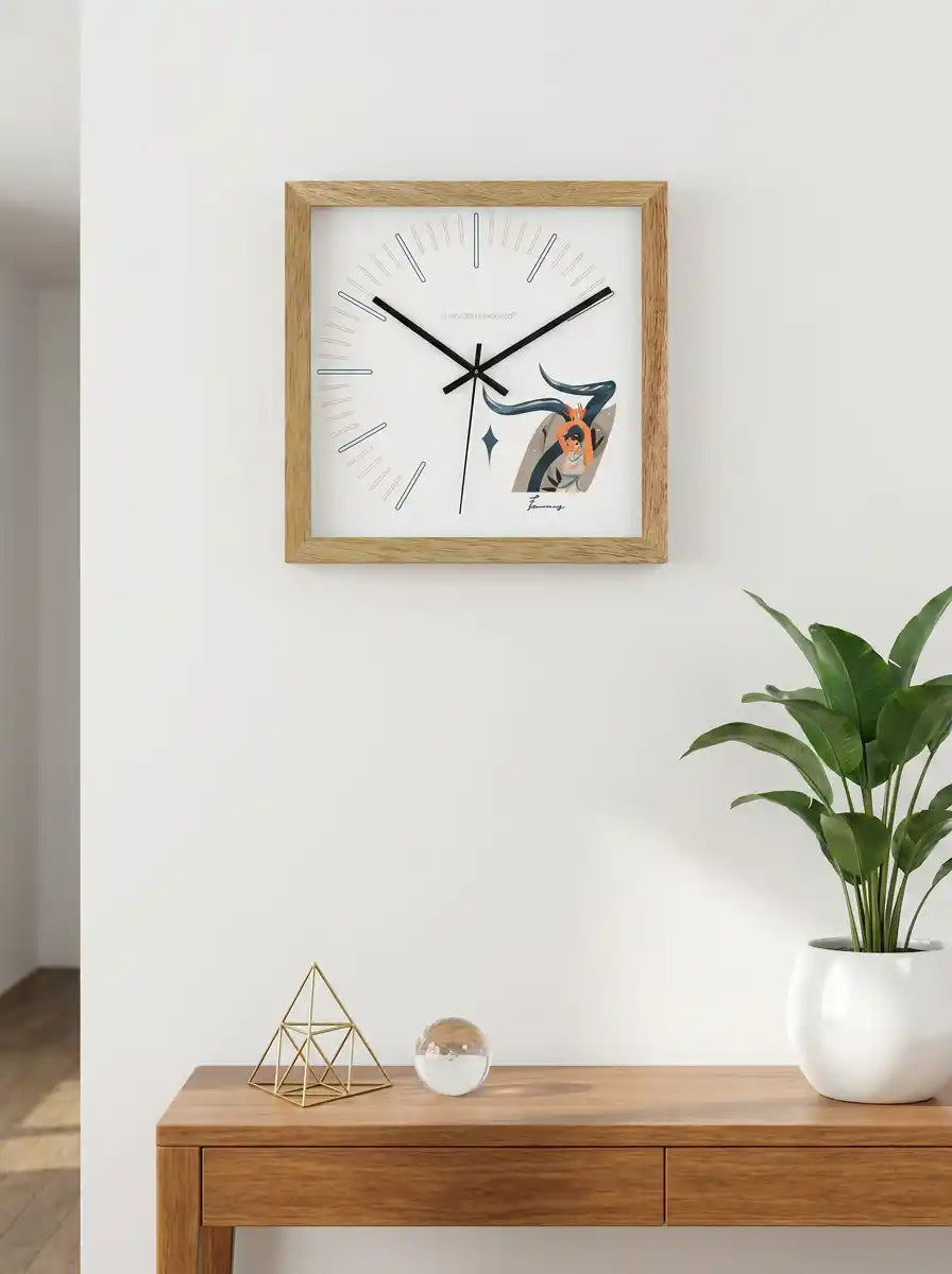 Taurus Zodiac Large Wooden Wall Clock – 3D View Natural Oak Frame Illustrated Figure Dial | Spaces Unhooked