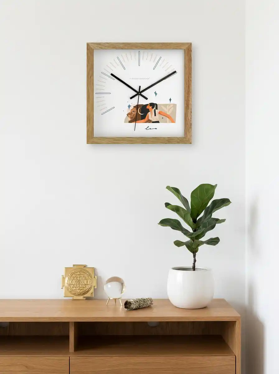 Leo Zodiac Large Wooden Wall Clock – 3D View Natural Oak Frame Lion Illustrated Dial | Spaces Unhooked