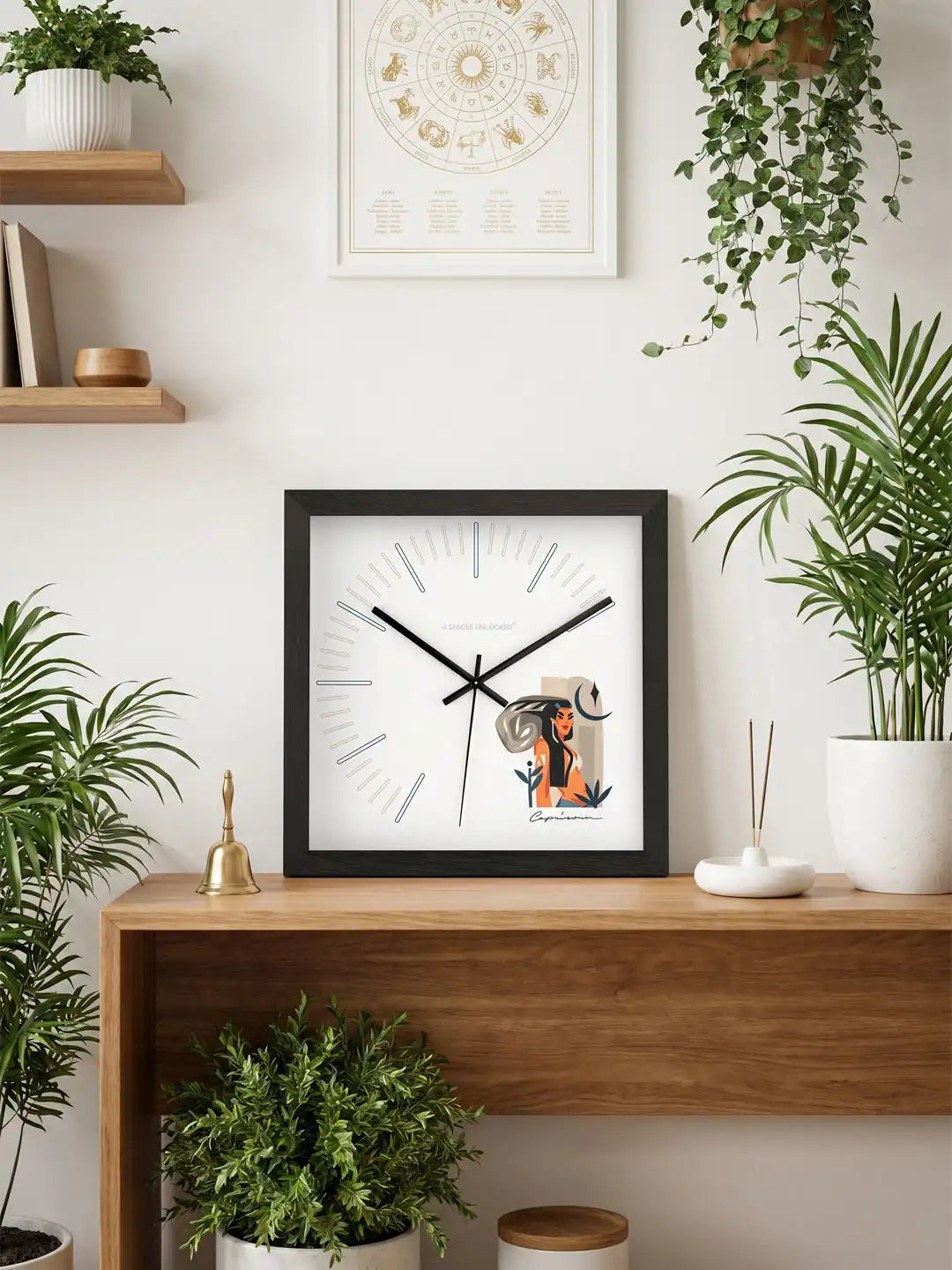 Capricorn wooden wall clock displayed in a modern living space, zodiac-inspired wall décor, aesthetic home decoration clock