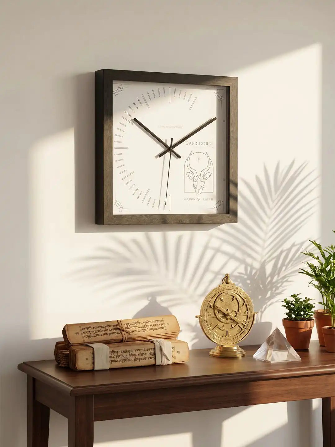 Capricorn Zodiac Tarot Card Style Dark Wood Wall Clock Styled in Modern Living Room - Large Wooden Clock for Wall Decor