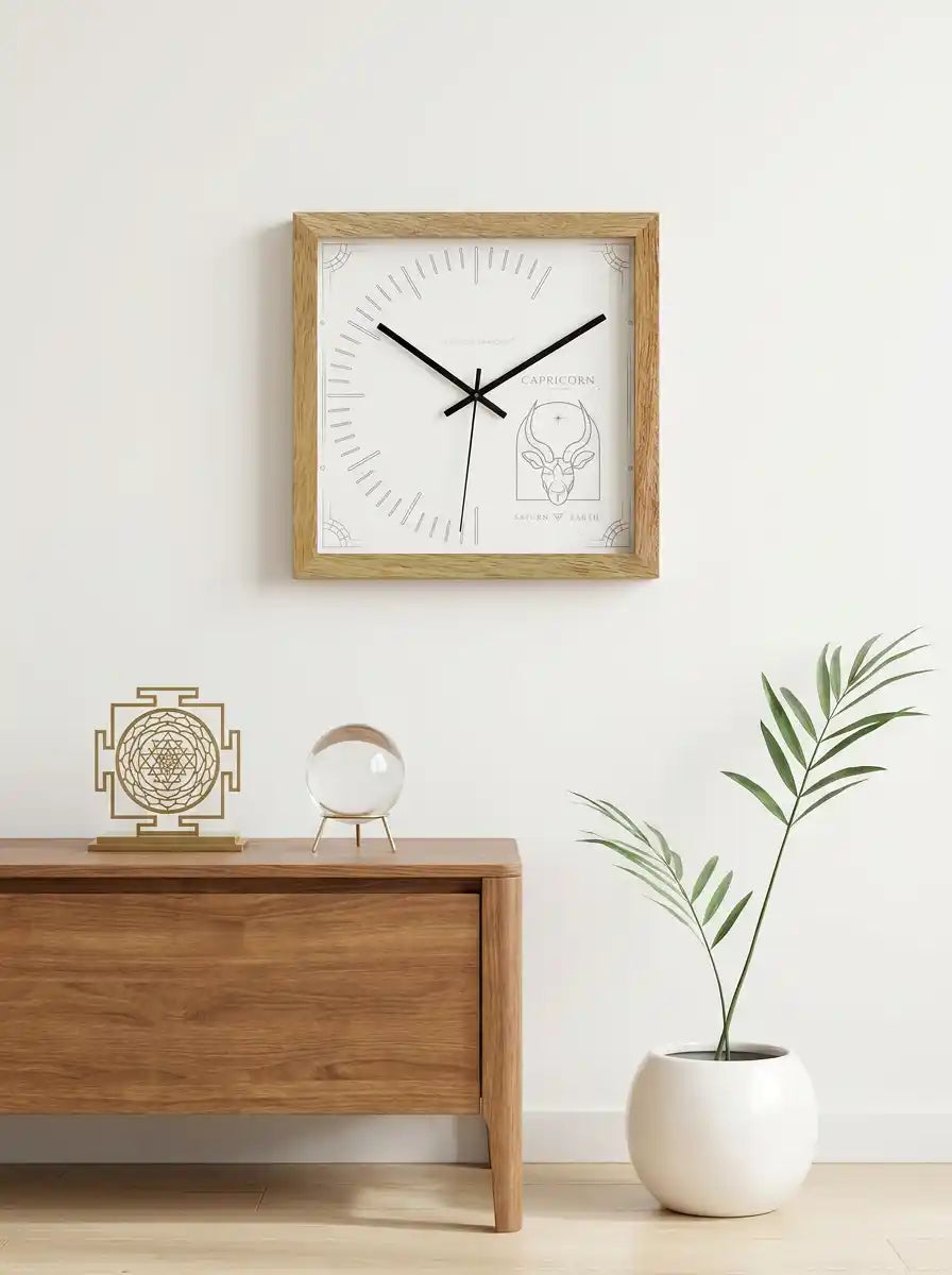 Capricorn Zodiac Large Wooden Wall Clock – 3D View Natural Oak Frame Saturn Earth Dial | Spaces Unhooked