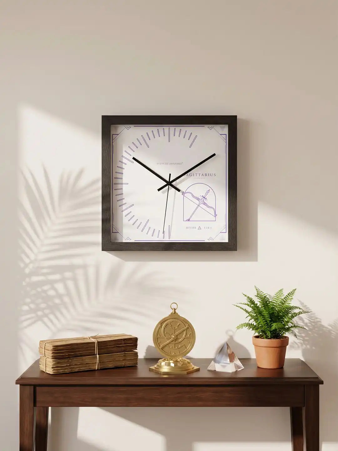 Sagittarius wall clock styled in modern interior, dark wood wall clock displayed above console table, wooden wall clocks for living room and contemporary home décor