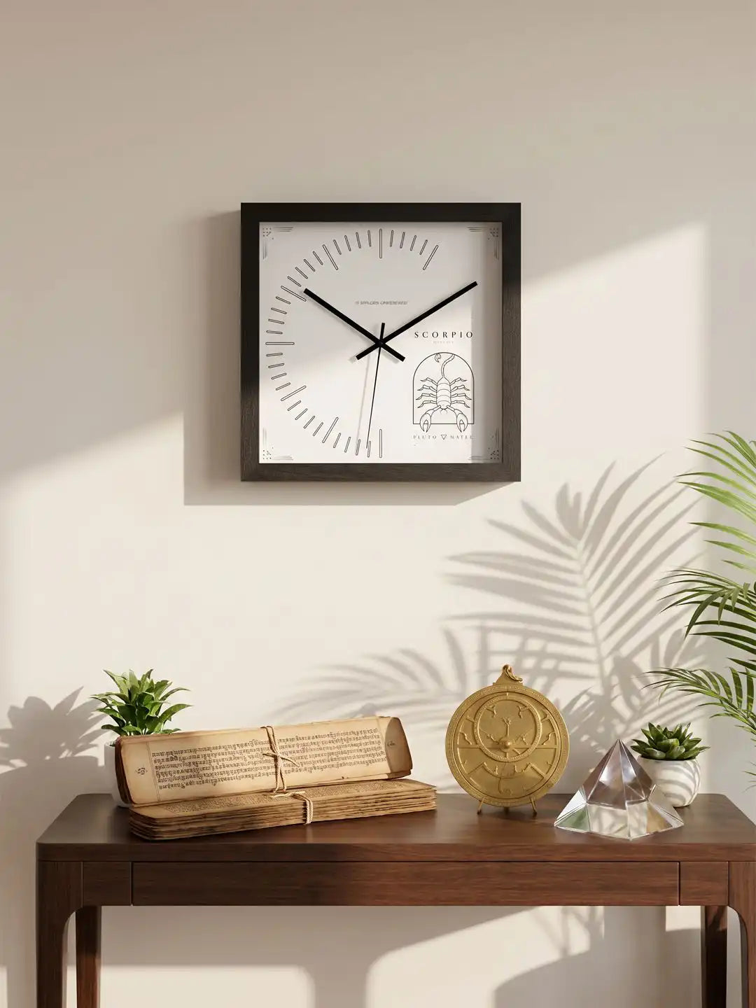 Scorpio wall clock styled in modern interior, dark wood wall clock displayed above console table, wooden wall clocks for living room and contemporary home décor