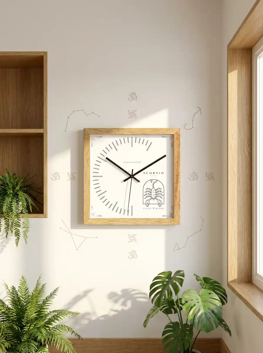 Scorpio Zodiac Large Wooden Wall Clock – 3D View Natural Oak Frame Pluto Water Sign Dial | Spaces Unhooked