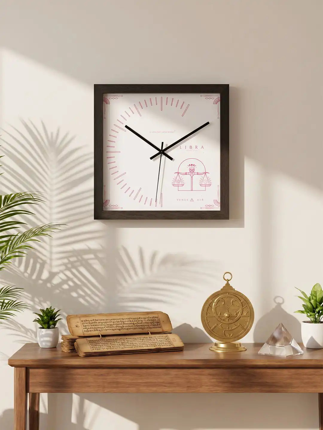 Libra Zodiac Tarot Card Style Dark Wood Wall Clock Styled in Modern Boho Living Room - Large Wooden Clock for Wall Decor