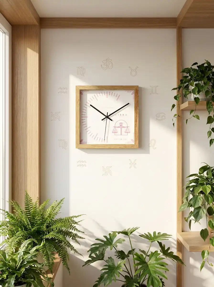 Libra Zodiac Large Wooden Wall Clock – AI Lifestyle Natural Wood Frame Living Room Decor | Spaces Unhooked