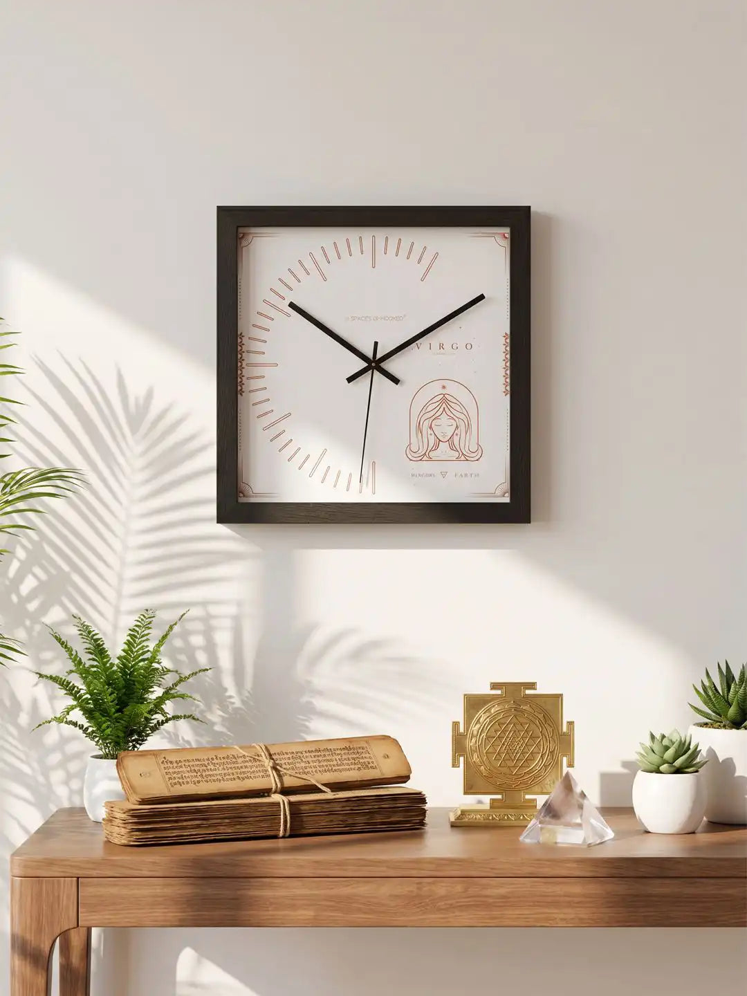Lifestyle AI | Virgo wall clock styled in modern interior, dark wood wall clock displayed above console table, wooden wall clocks for living room and contemporary home décor