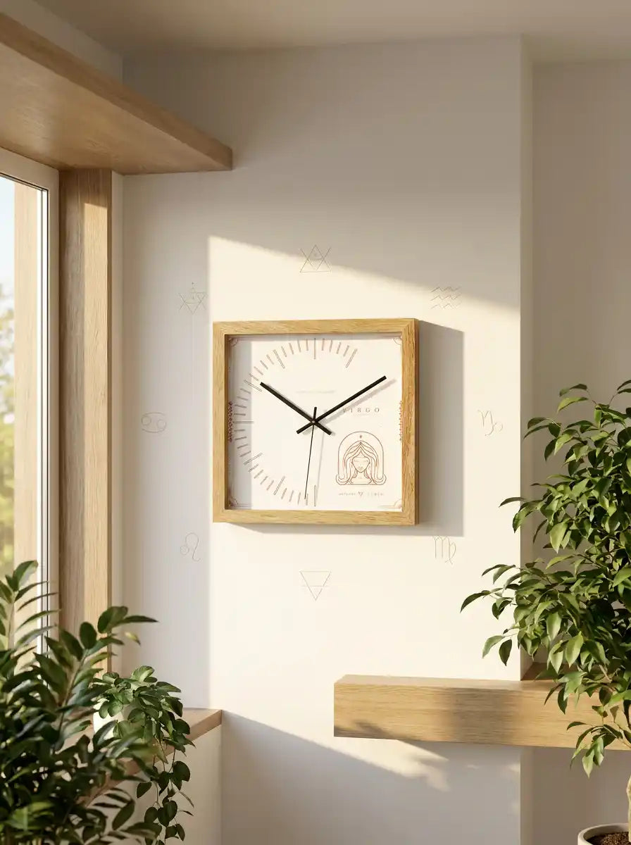 Virgo Zodiac Large Wooden Wall Clock – 3D View Natural Oak Frame Copper Line Art Maiden Dial | Spaces Unhooked