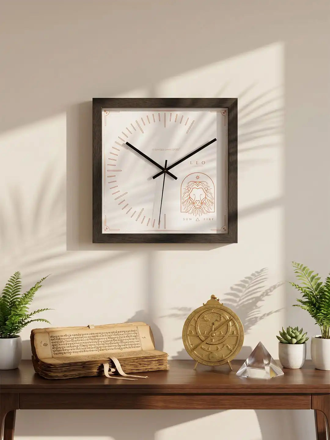 Leo wooden wall clock displayed in a stylish interior setting, modern wall clock for living room, zodiac-inspired home decoration