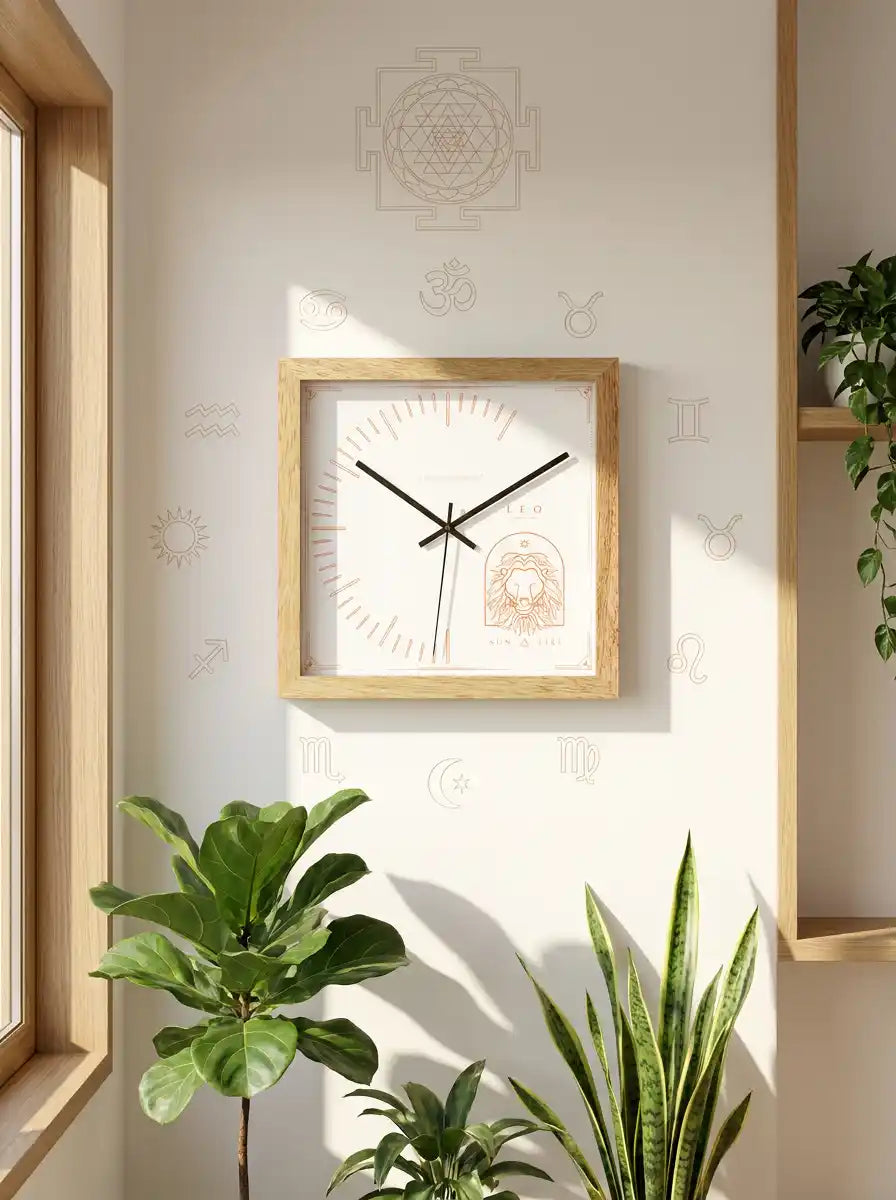 Leo Zodiac Large Wooden Wall Clock – 3D View Natural Oak Frame Copper Line Art Lion Dial | Spaces Unhooked