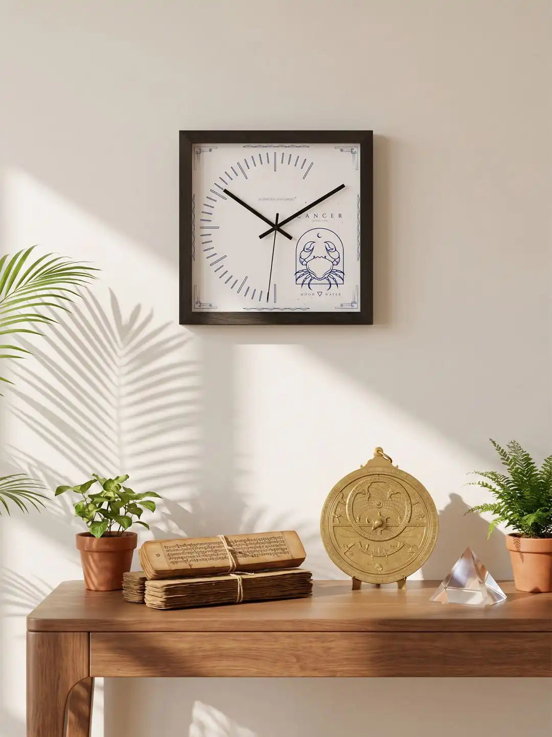 Cancer Zodiac Tarot Card Style Dark Wood Wall Clock Styled in Modern Boho Living Room - Large Wooden Clock for Wall Decor