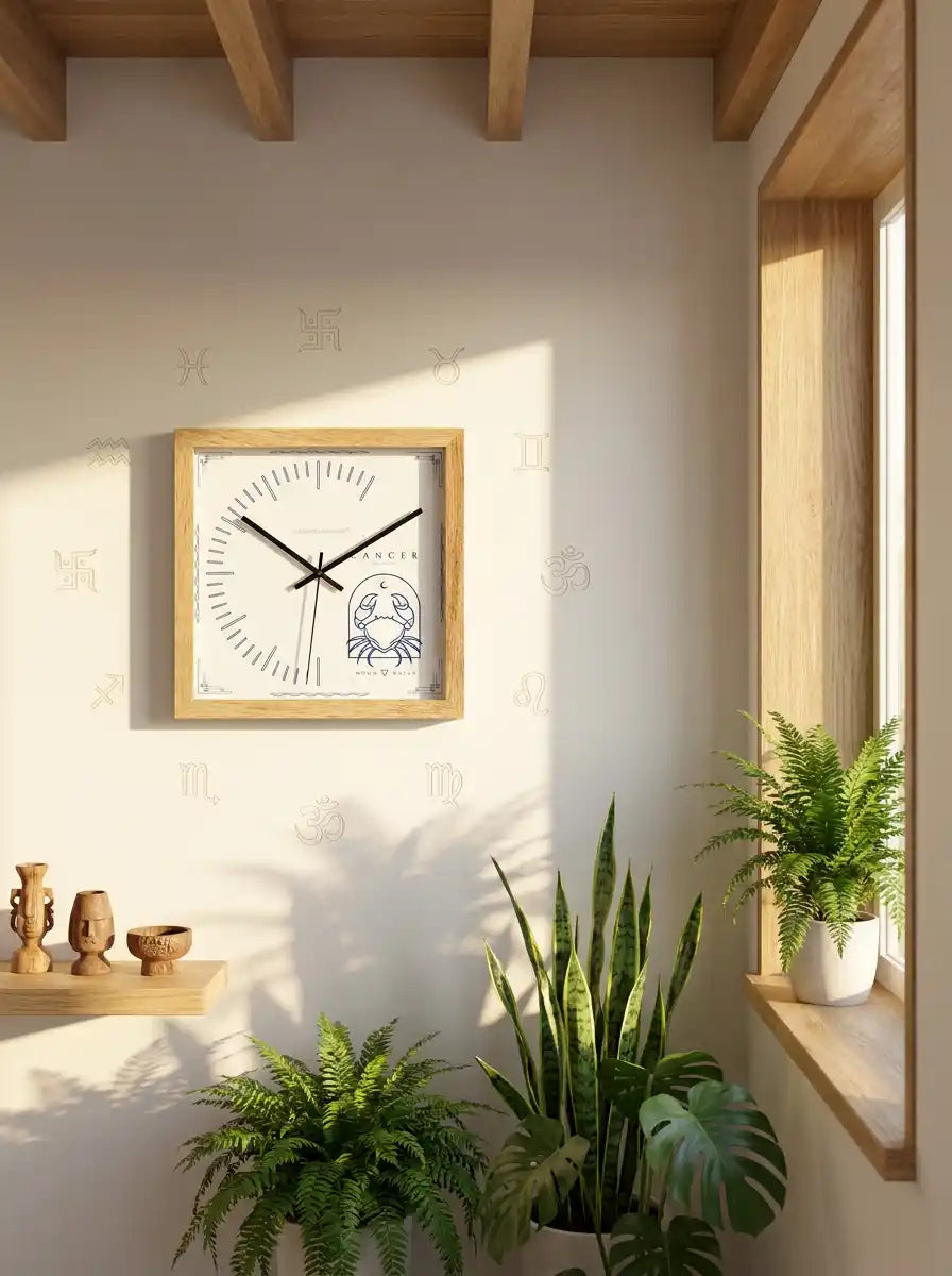 Cancer Zodiac Oversized Wooden Wall Clock – 305mm Square Natural Wood Frame Dimensions | Spaces Unhooked