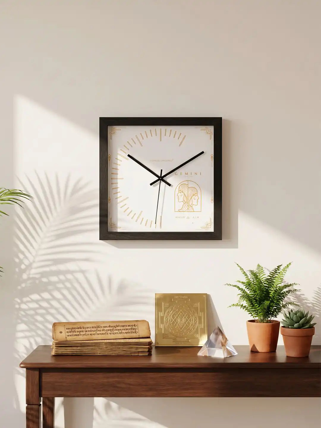 305mm Square Dark Wood Wall Clock Dimensions - Extra Large Wooden Wall Clock with Gold Gemini Zodiac Card Dial
