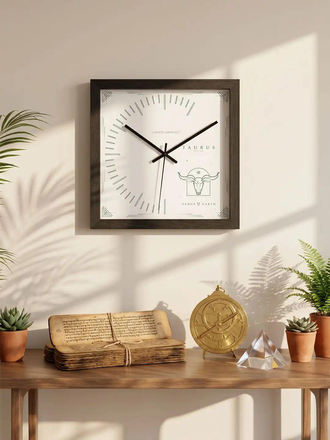 Taurus wooden wall clock displayed in a stylish interior setting, modern wall clock for living room, zodiac-inspired home decoration