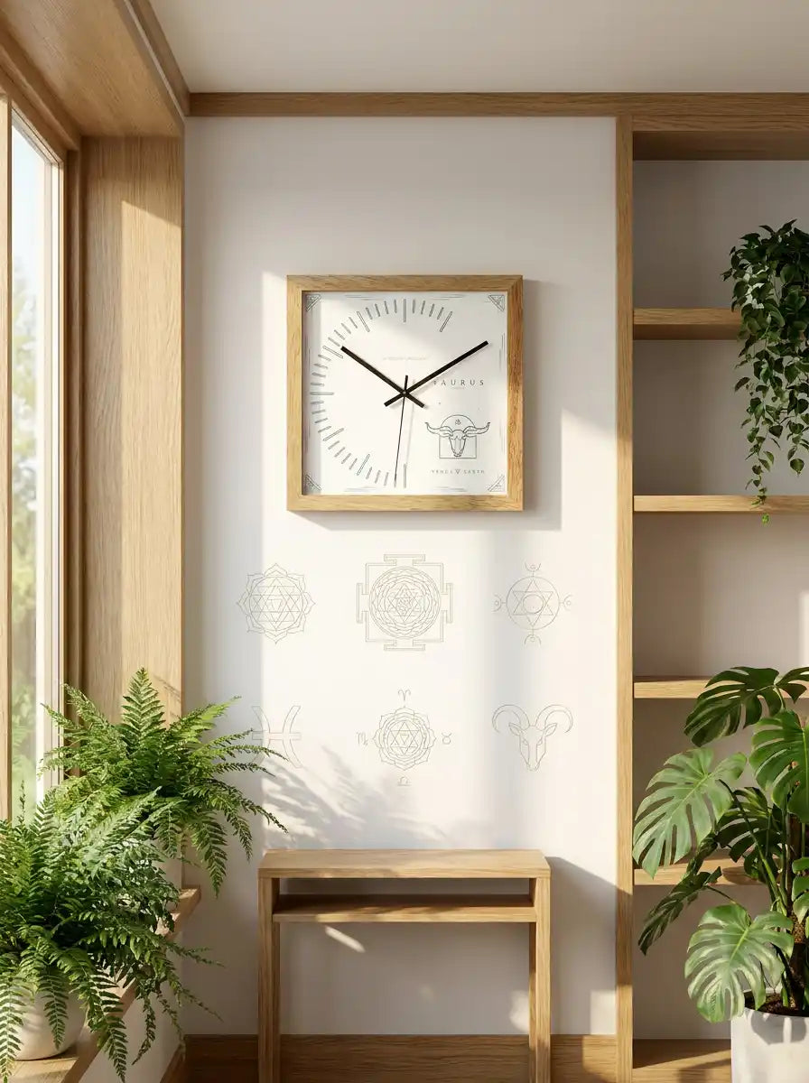 Taurus Zodiac Large Wooden Wall Clock – 3D View Natural Oak Frame Teal Line Art Bull Dial | Spaces Unhooked