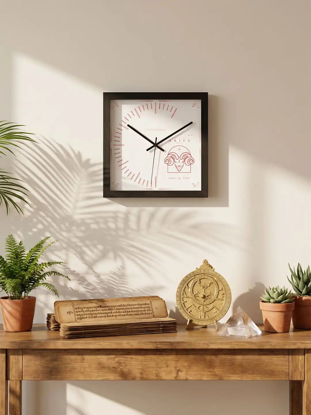 305mm Square Dark Wood Wall Clock Dimensions - Extra Large Wooden Wall Clock with Red Aries Zodiac Card Dial