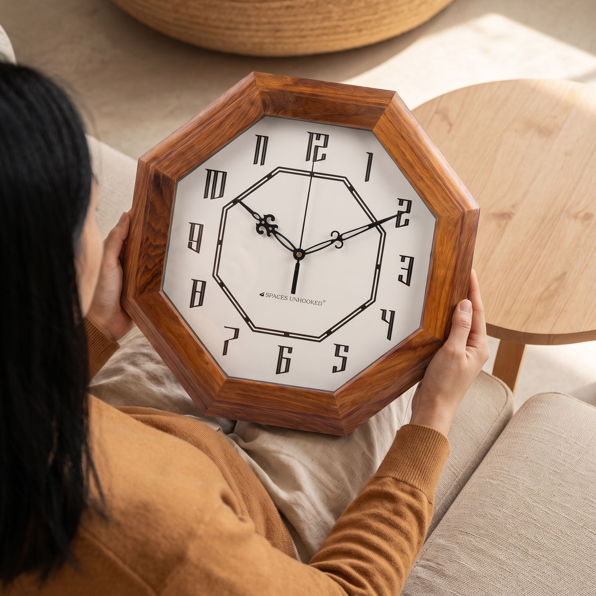 Wooden Wall Clock Brown Octagon Vintage Antique Silent Living Room