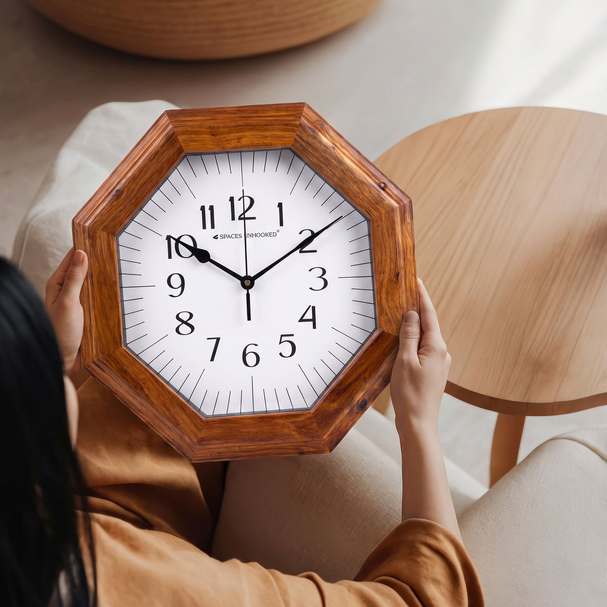 Wooden Wall Clock Brown Octagon Natural Grain Analog Silent Living Room