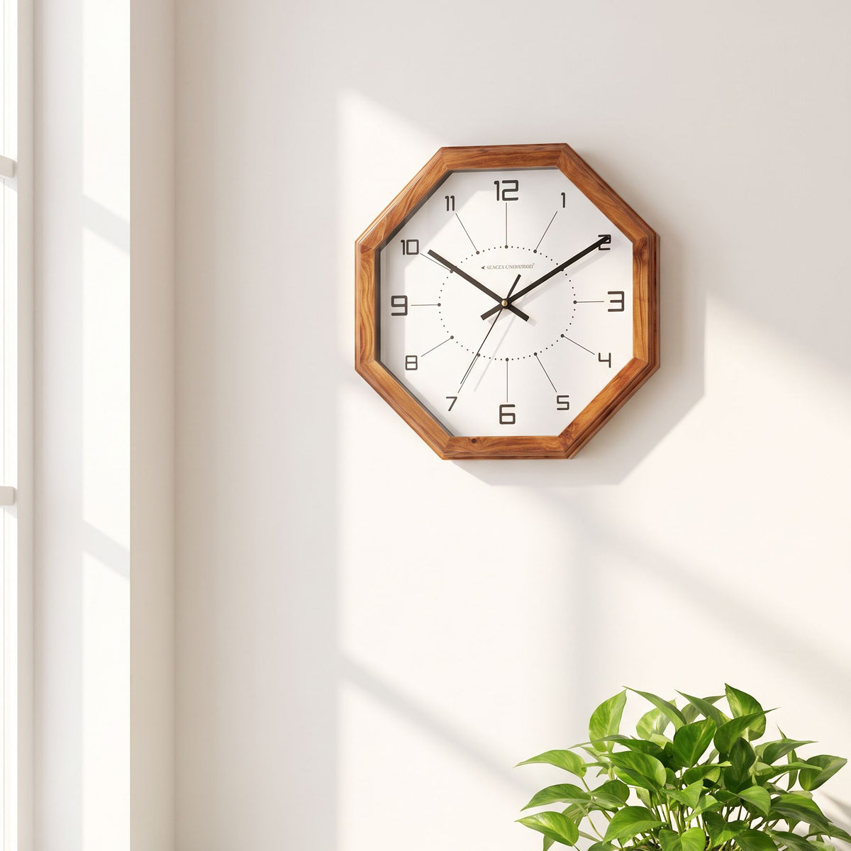 Wooden Wall Clock Brown Octagon Modern Geometric Silent Living Room