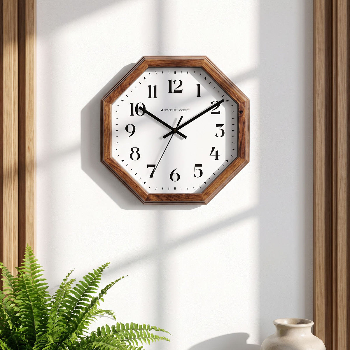 Wooden Wall Clock Octagon Brown Analog Silent for Living Room & Hall