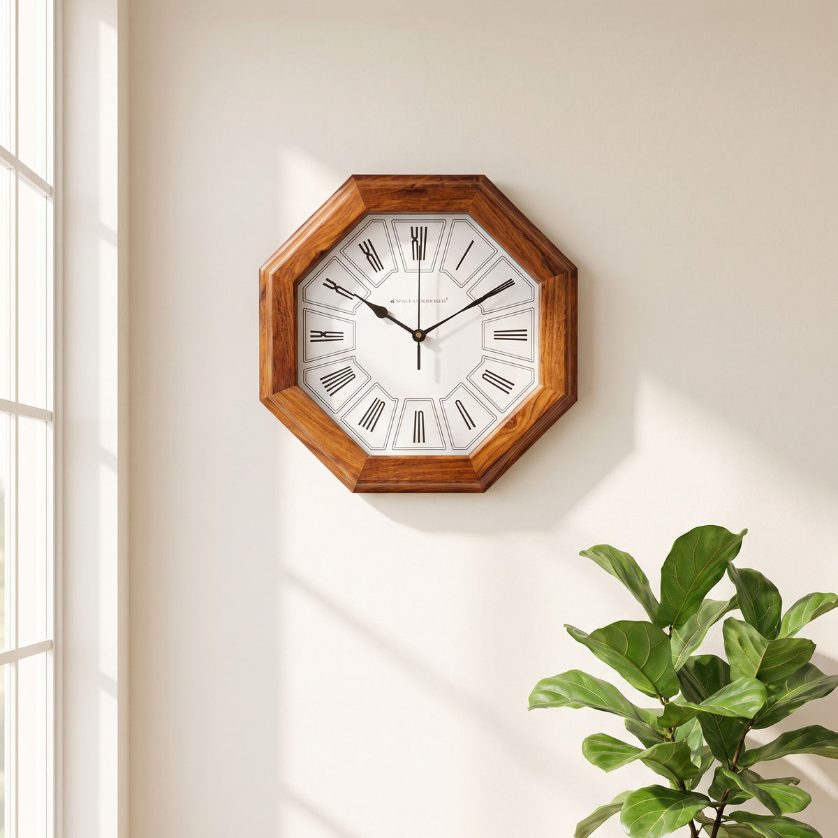 Wooden Wall Clock with Roman Numerals Brown Octagon Silent Vintage