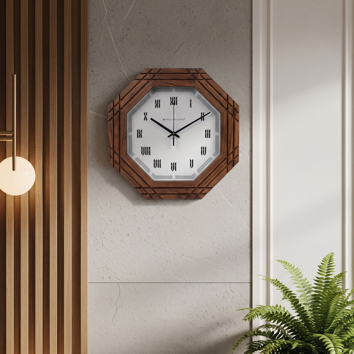 Wooden Wall Clock Octagonal Roman Numeral Walnut for Living Room