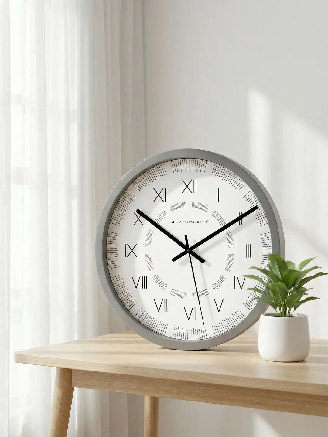 Lifestyle Wall Clock on Wooden Table – Grey Frame Roman Numeral Dash Texture Dial Designer Wall Clock for Home