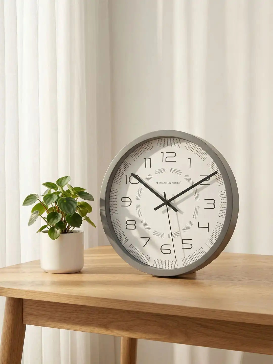  Lifestyle Wall Clock on Wooden Table – Grey Frame Dash Texture Dial Designer Wall Clock for Home