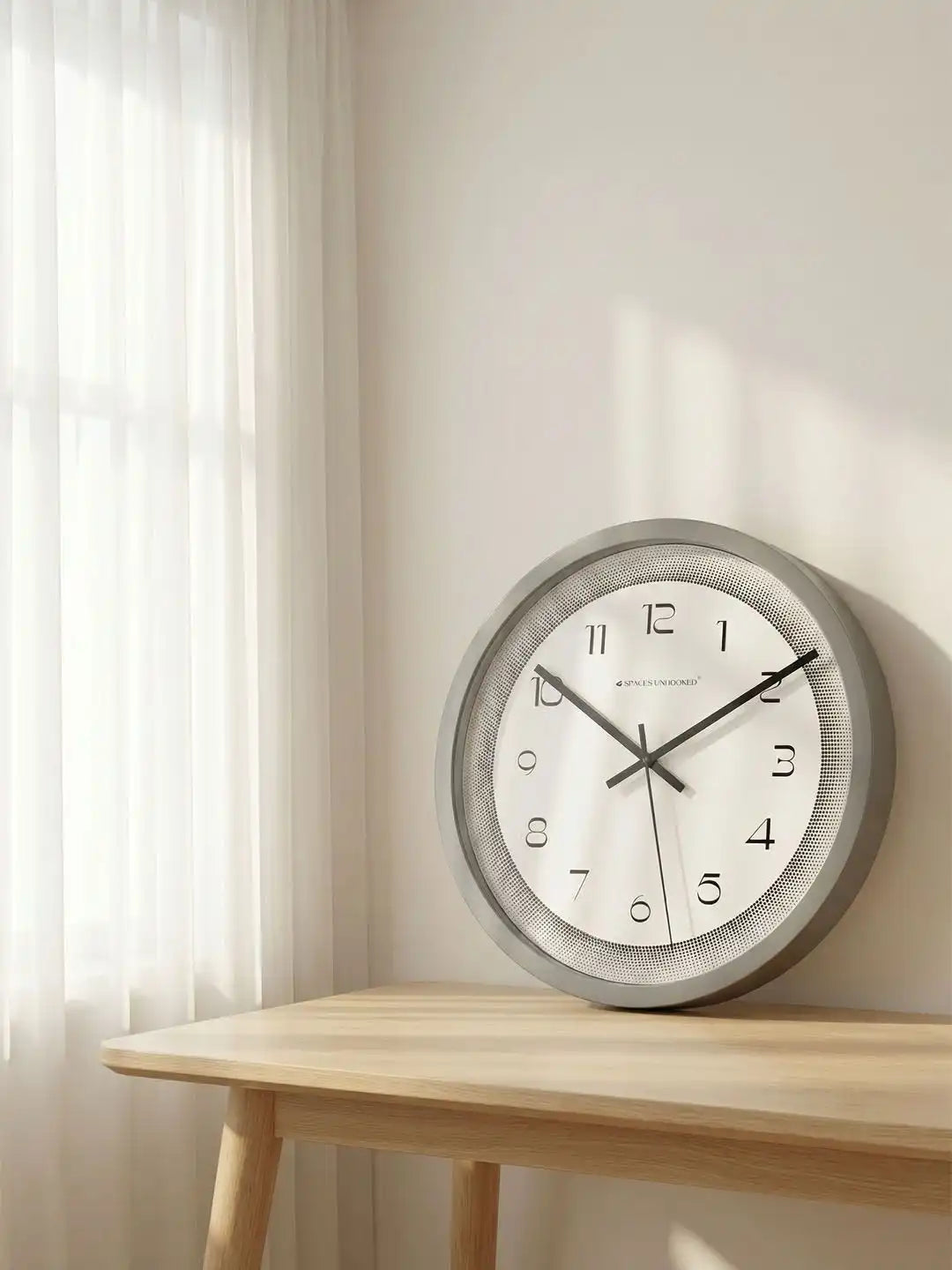 Lifestyle Wall Clock on Wooden Table – Grey Halftone Border Dial Designer Wall Clock