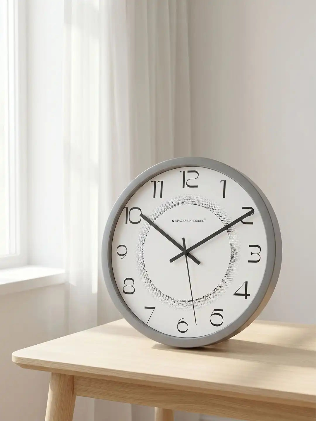 Lifestyle Wall Clock on Wooden Table – Grey Halftone Dial Designer Wall Clock for Home