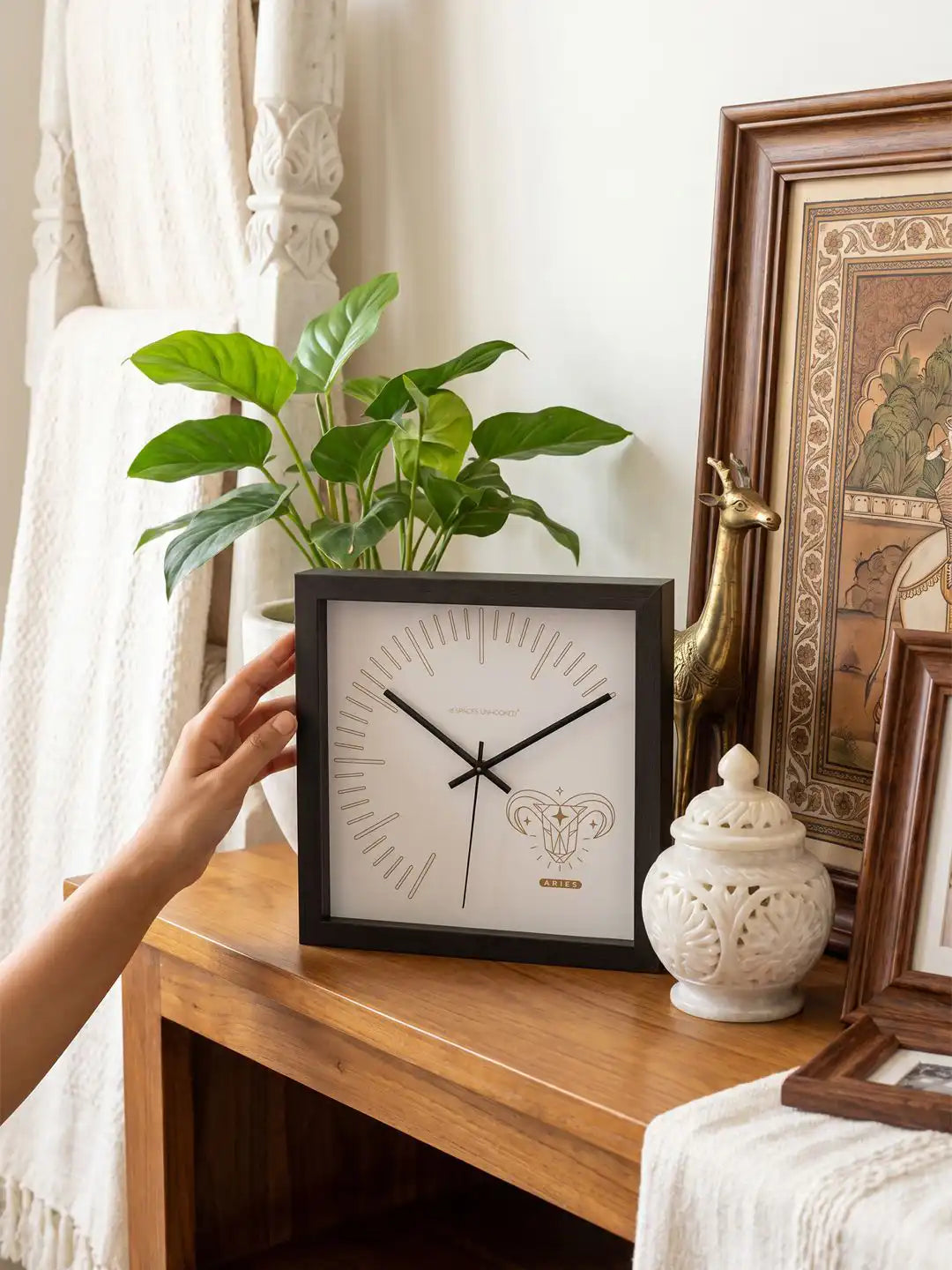 Aries Zodiac Dark Wood Wall Clock Styled in Modern Boho Living Room - Large Wooden Clock for Wall Decor