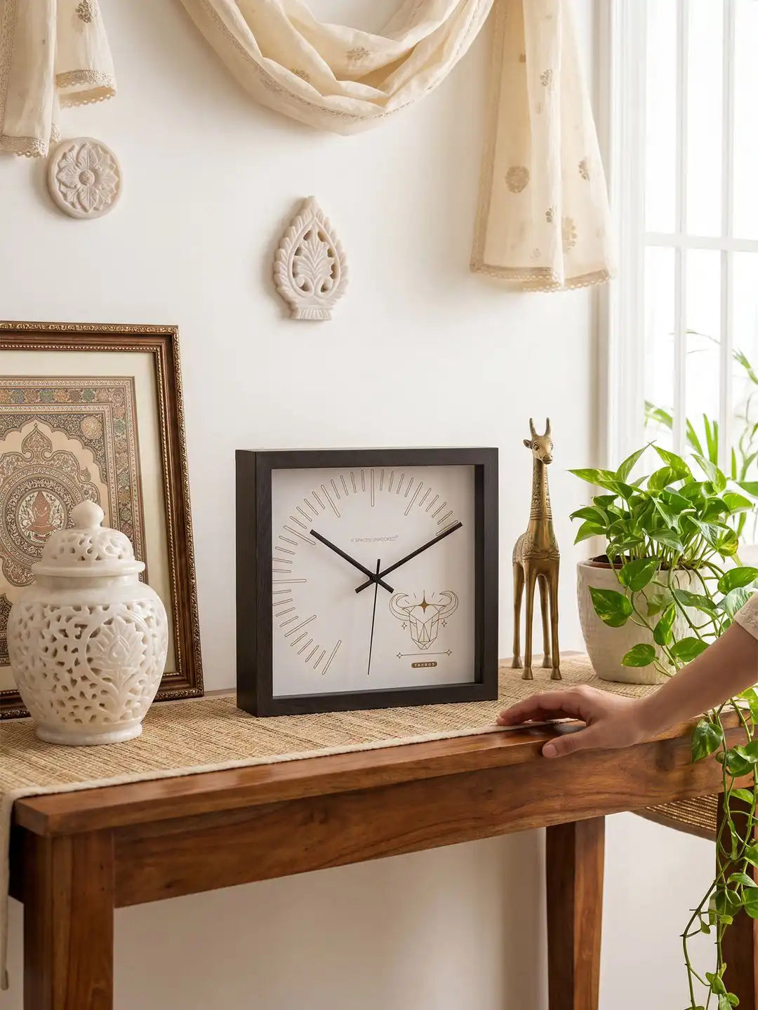 Taurus Zodiac Wooden Wall Clock – Dark Timber Frame Indian Home Decor Style | Spaces Unhooked