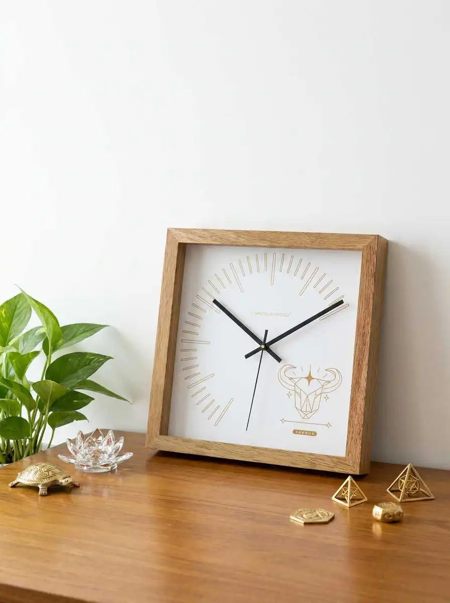 Angled View Taurus Zodiac Wall Clock with Wooden Frame and Modern Design