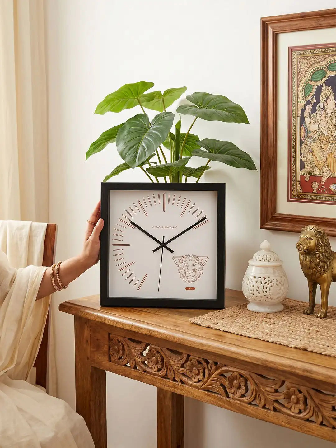 Square Dark Wood Frame Wall Clock with Copper Leo Lion Design on Carved Wooden Table - Wooden Wall Clock for Living Room