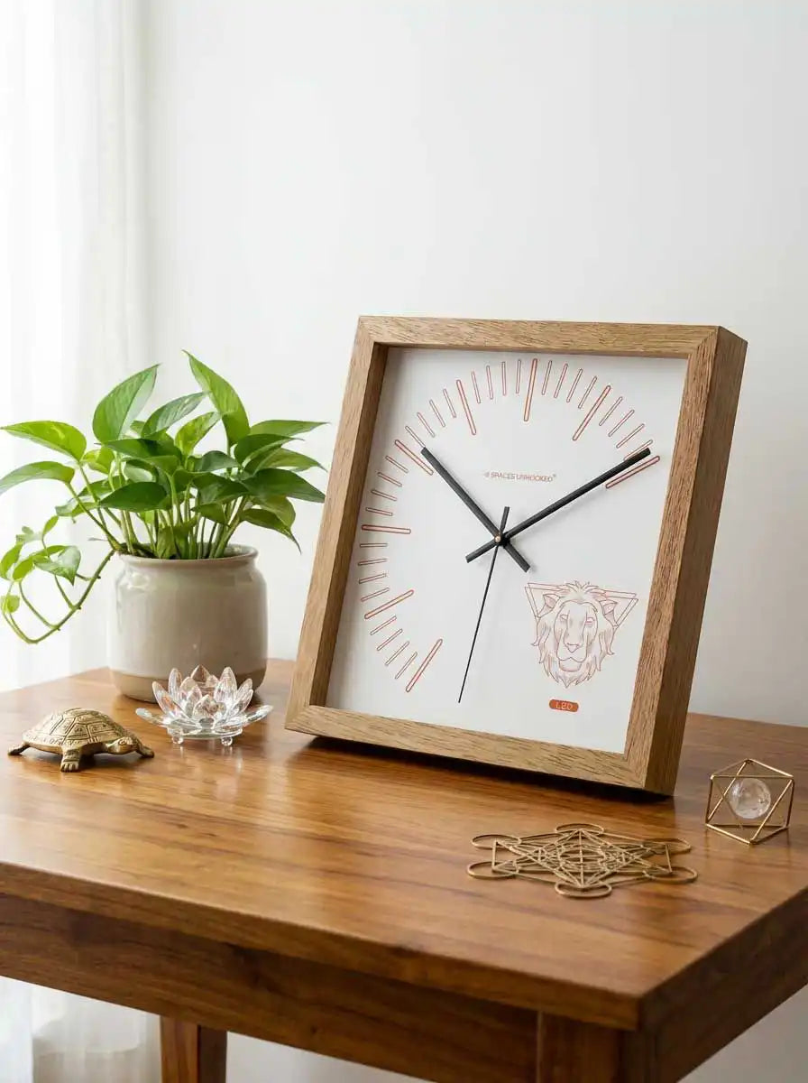 Leo Zodiac Large Wood Wall Clock – Natural Oak Frame Modern Living Room Wall Decor | Spaces Unhooked