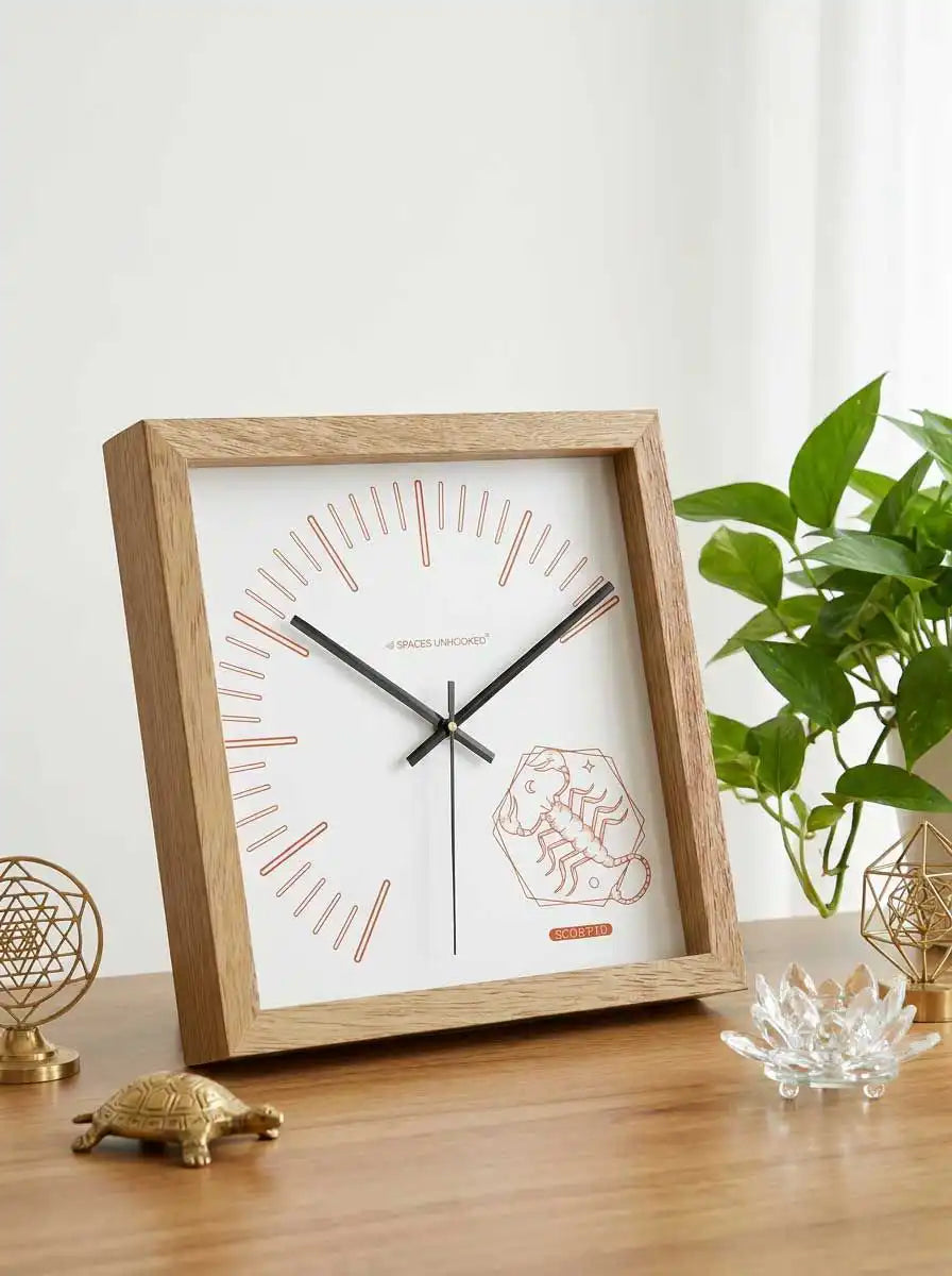 Scorpio Zodiac Large Wood Wall Clock – Natural Oak Frame Modern Living Room Wall Decor | Spaces Unhooked