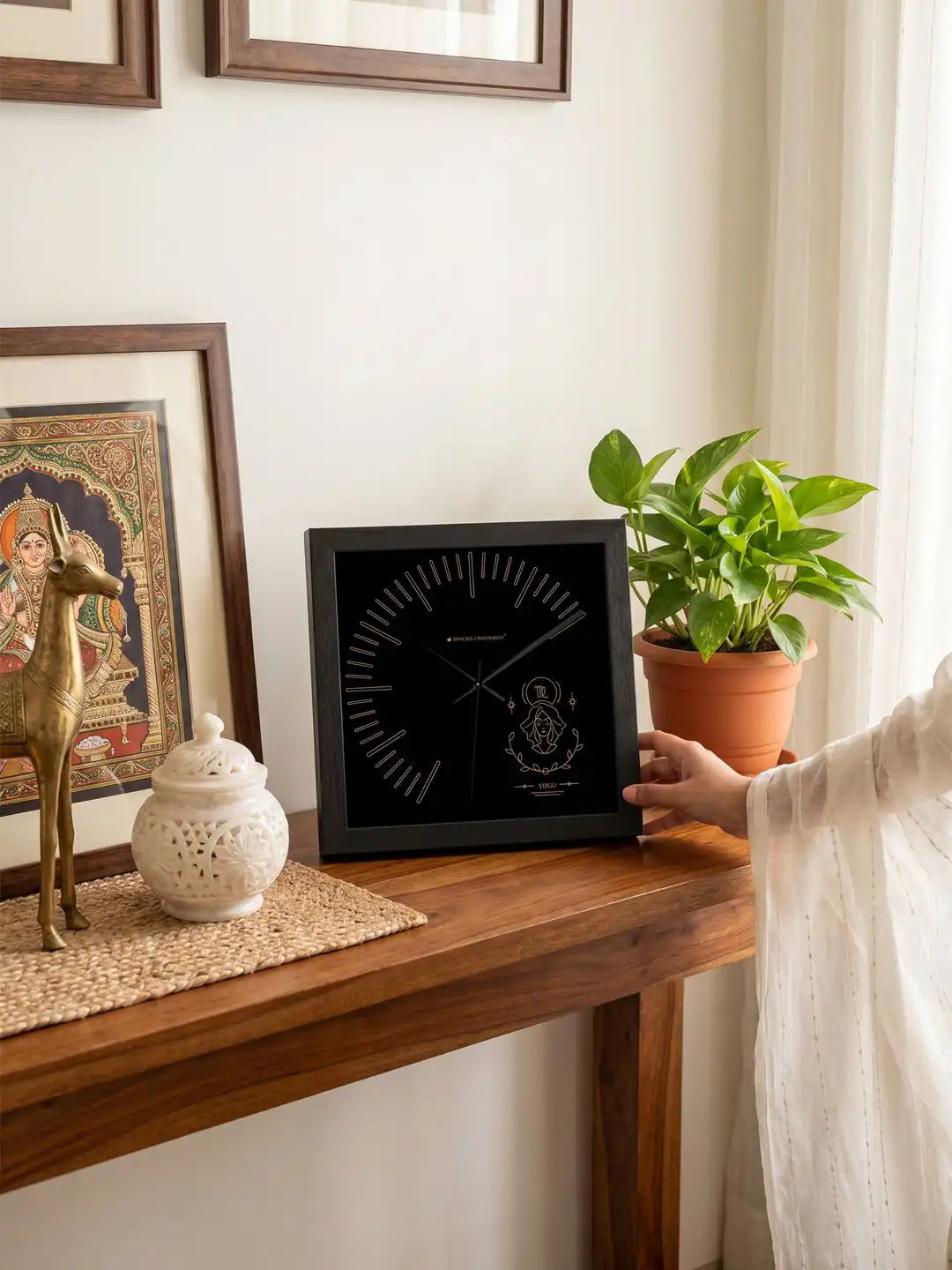 Virgo Zodiac Wooden Wall Clock – Dark Timber Frame Indian Home Decor Style | Spaces Unhooked