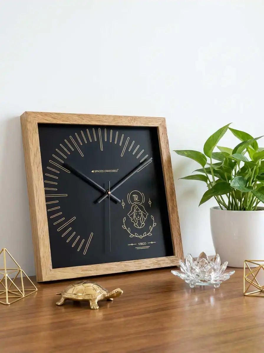 Virgo Zodiac Sign Wall Clock with Wooden Frame and 305 mm Square Dimensions