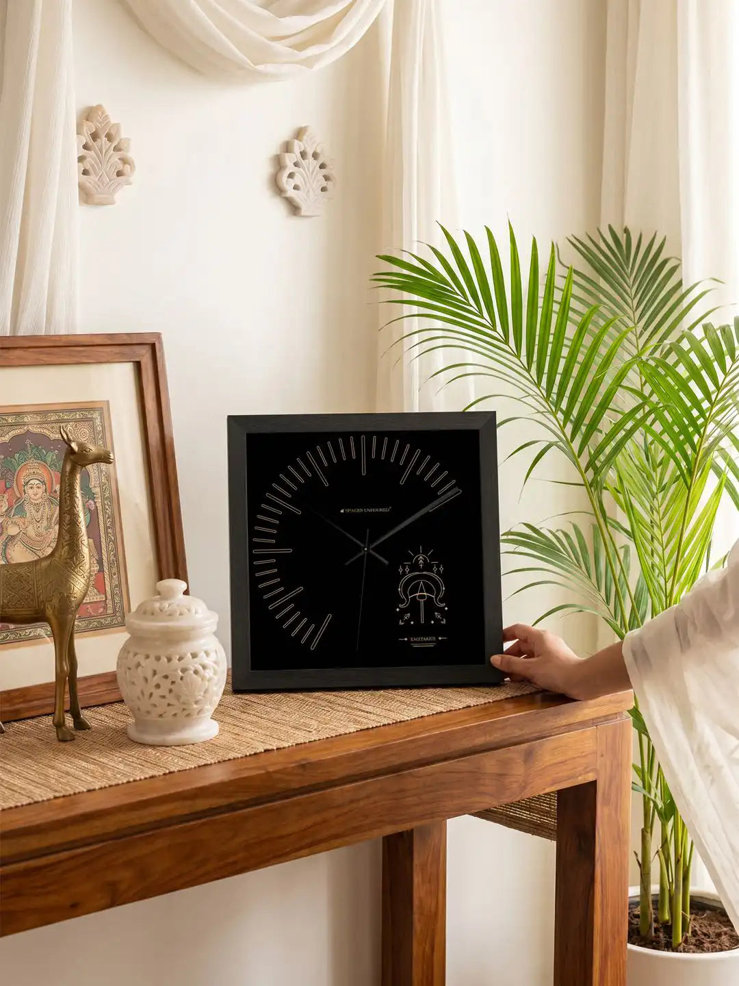 Sagittarius Zodiac Wooden Wall Clock – Dark Timber Frame Indian Home Decor Style | Spaces Unhooked