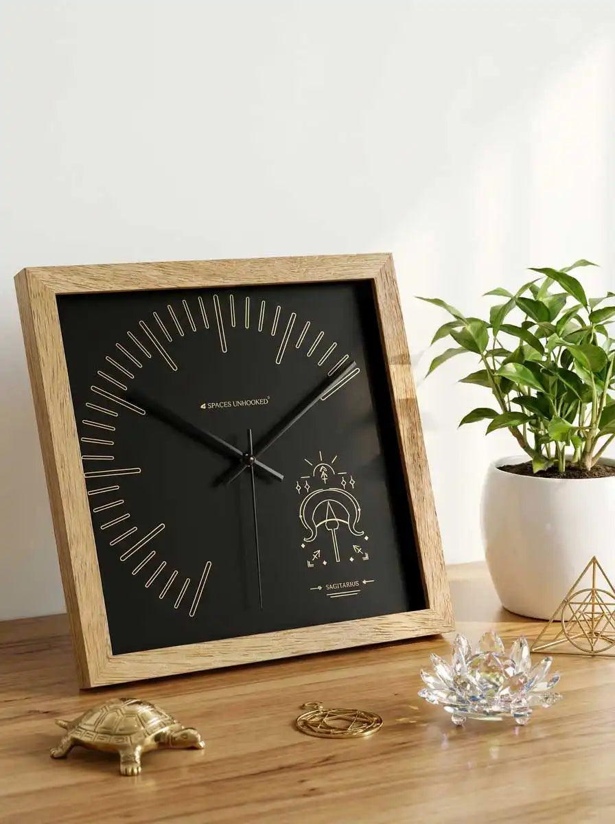 Sagittarius Zodiac Wall Clock Close-Up Showing Natural Wood Frame and Minimalist Black Dial