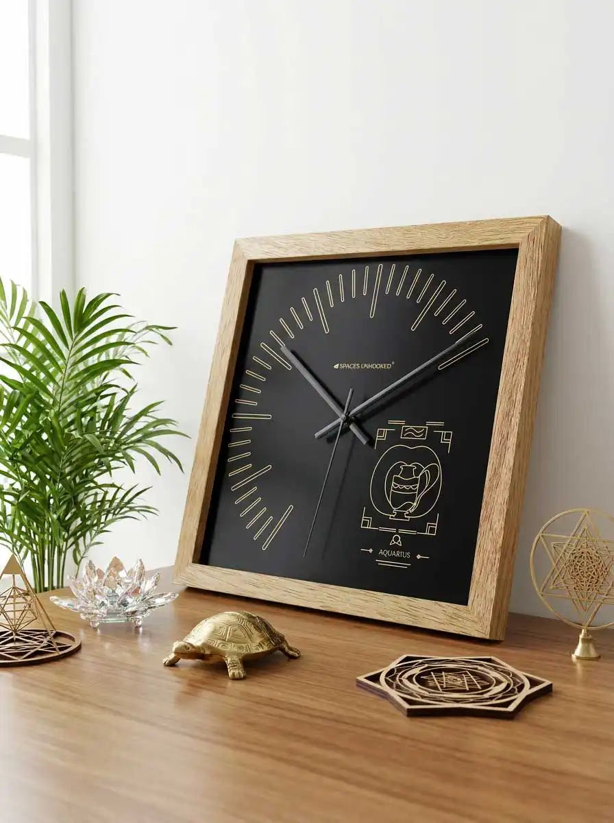 Angled View Aquarius Zodiac Wall Clock with Contemporary Wooden Frame Design