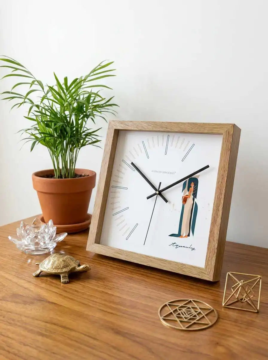 Angled View Aquarius Zodiac Wall Clock with Contemporary Wooden Frame and Clean Aesthetic