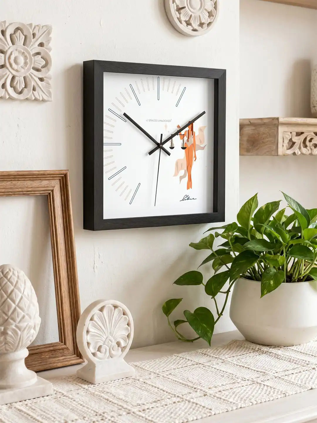 Square Dark Wood Frame Wall Clock with Libra Woman Illustration on Wooden Shelf - Wooden Wall Clock for Living Room