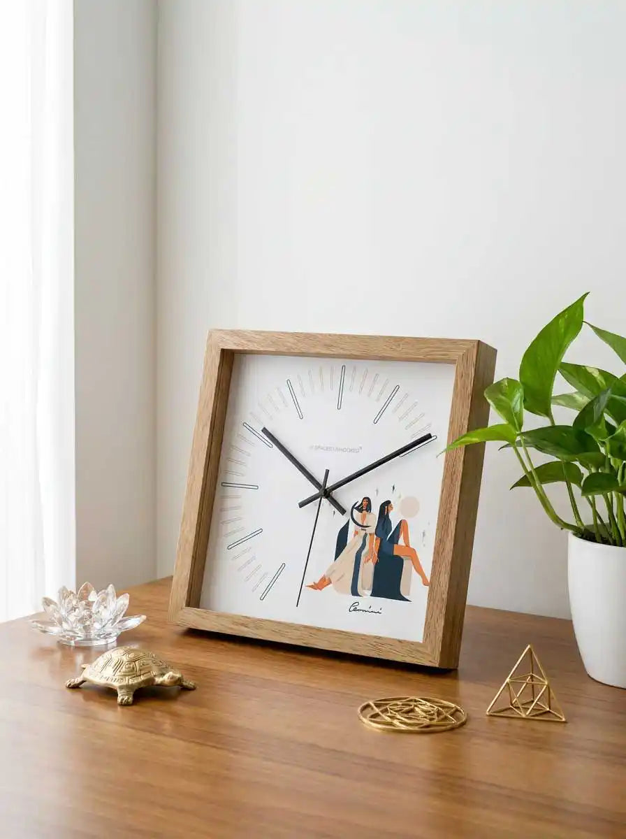 Angled View Gemini Zodiac Wall Clock with Contemporary Wooden Frame and Clean Aesthetic Design