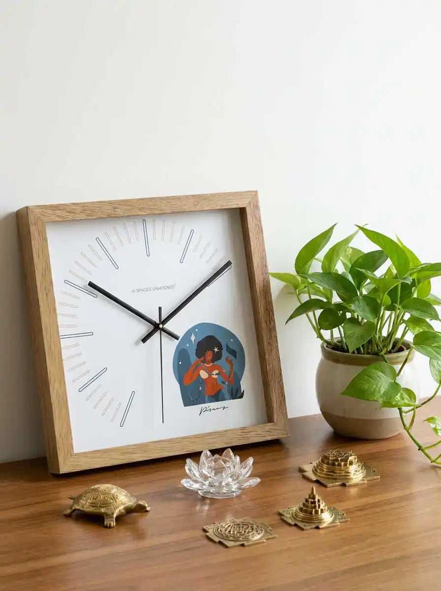 Pisces Zodiac Large Wood Wall Clock – Natural Oak Frame Modern Minimal Living Room Wall Decor | Spaces Unhooked