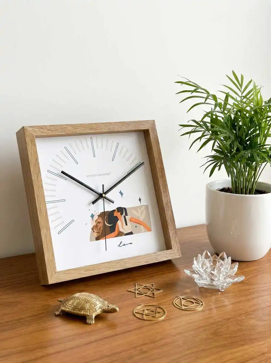 Leo Zodiac Large Wood Wall Clock – Natural Oak Frame Modern Minimal Living Room Wall Decor | Spaces Unhooked
