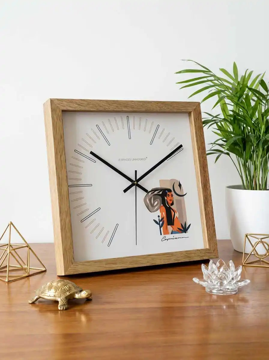 Capricorn Zodiac Large Wood Wall Clock – Natural Oak Frame Celestial Zodiac Symbol Pooja Room Wall Decor | Spaces Unhooked