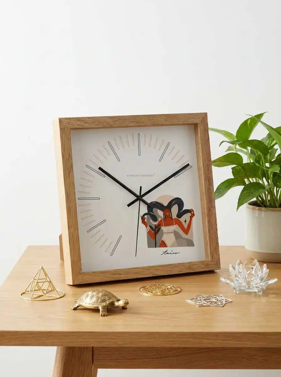 Aries Zodiac Large Wood Wall Clock – Natural Oak Frame Boho Indian Living Room Wall Decor | Spaces Unhooked