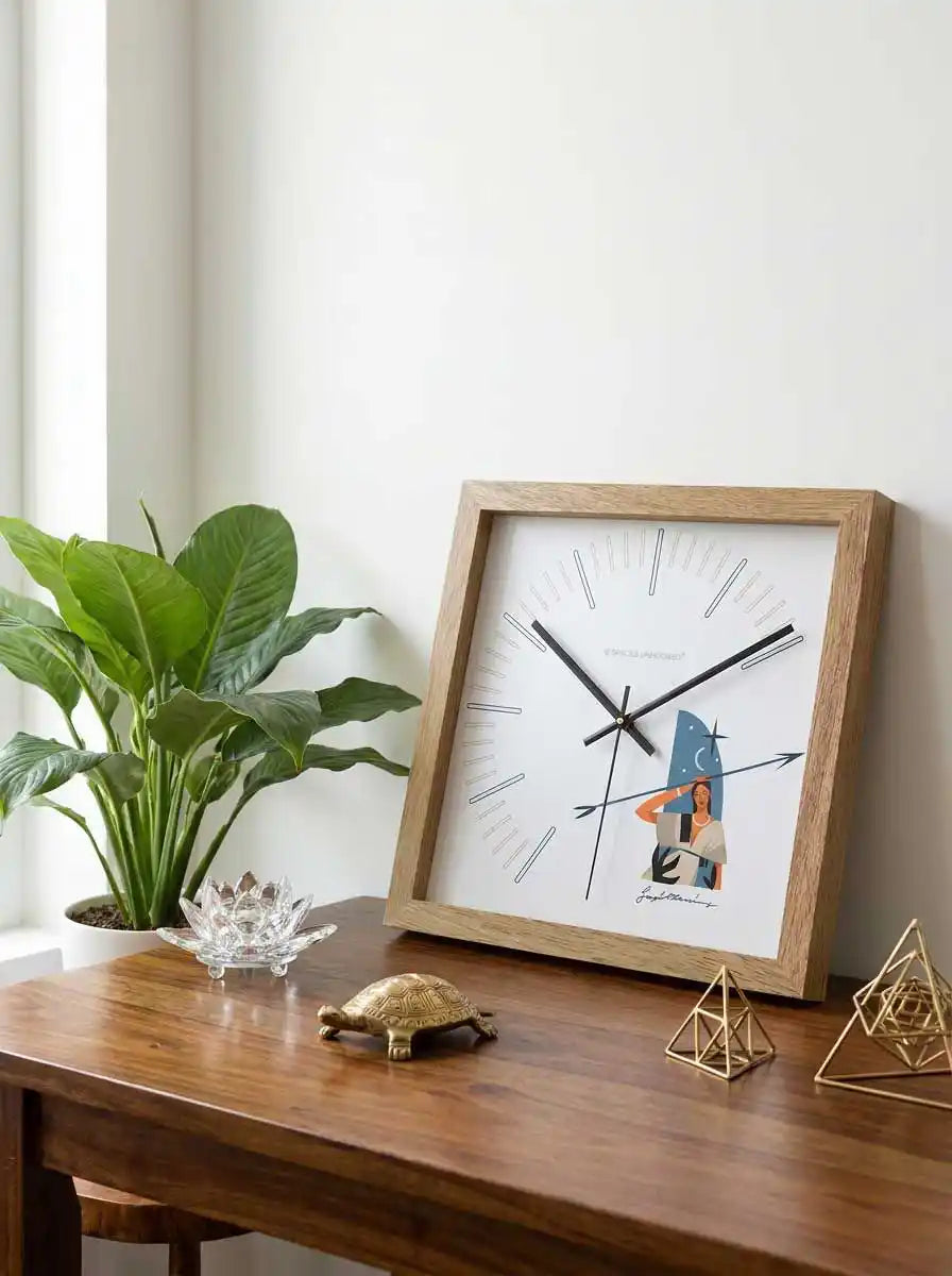 Sagittarius Zodiac Large Wood Wall Clock – Natural Oak Frame Boho Indian Living Room Wall Decor | Spaces Unhooked